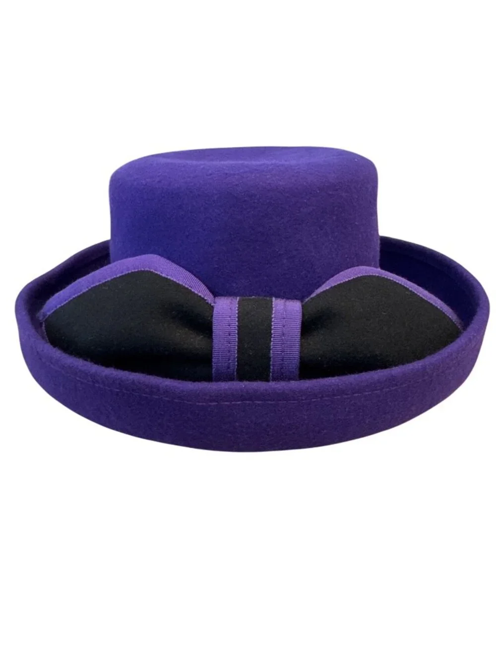 Vtg Purple Wool Bowler Hat Black Ribbon Made USA Compagne International Express